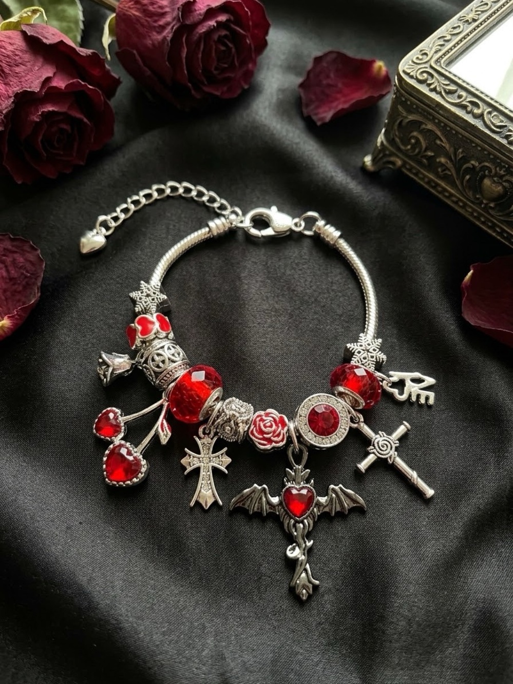 Red Heart & Cross Charm Bracelet - Women Jewelry